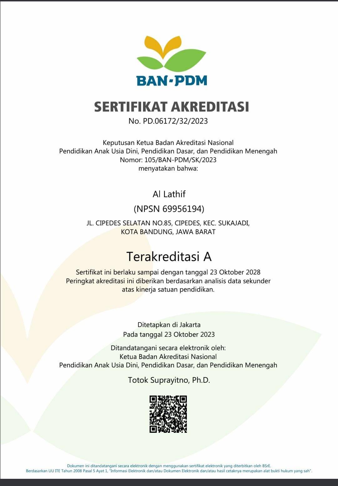 Alhamdulillah, Al Lathif Islamic School Raih Akreditasi A